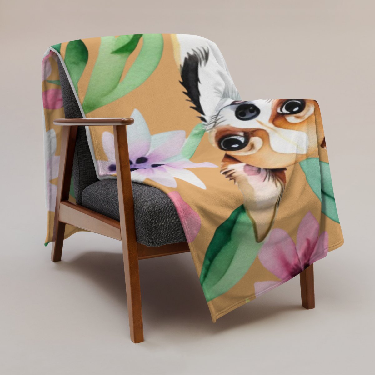 Floral Chihuahua Throw Blanket - Natural - Funny Nikko